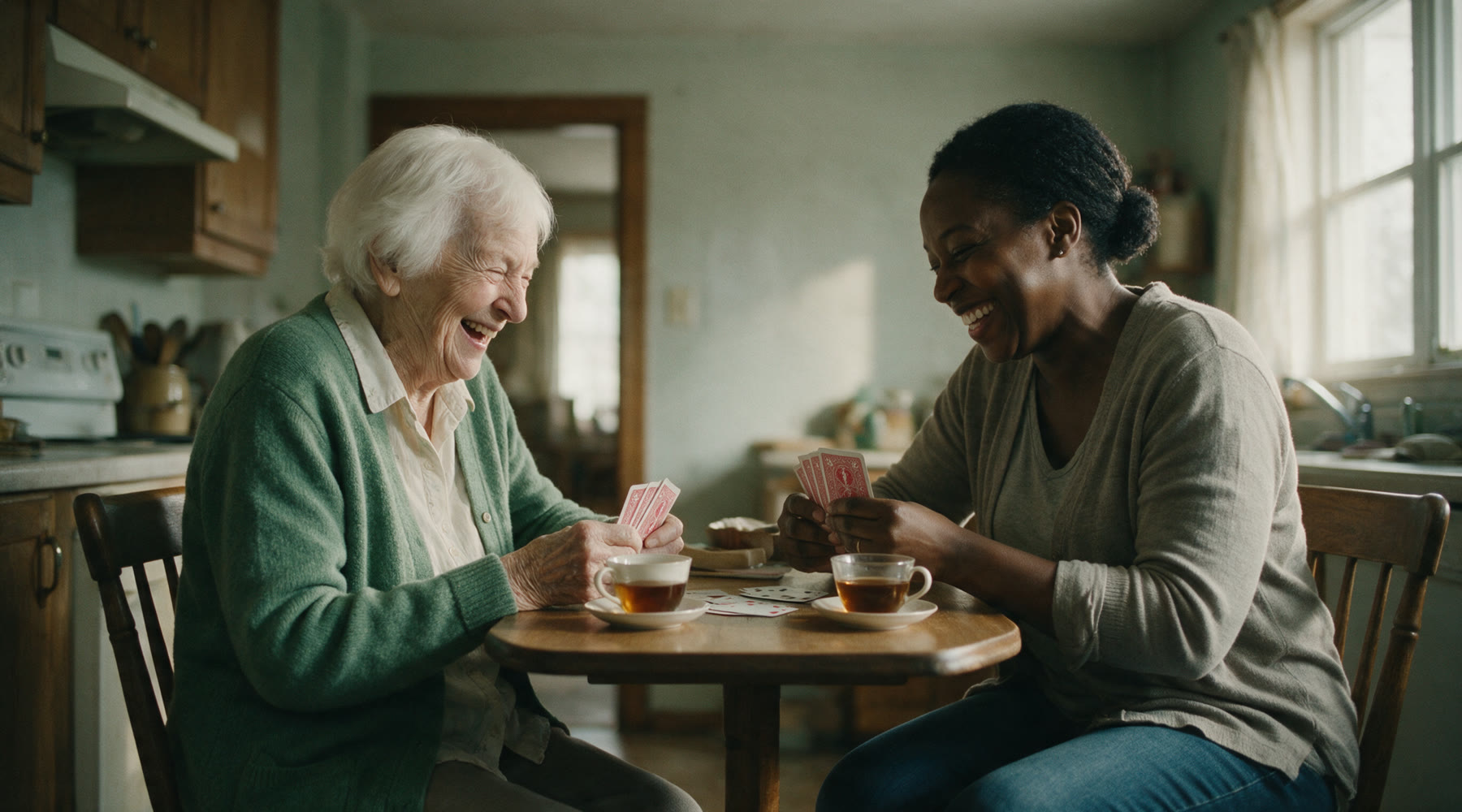 A senior and companion sharing tea at a kitchen table